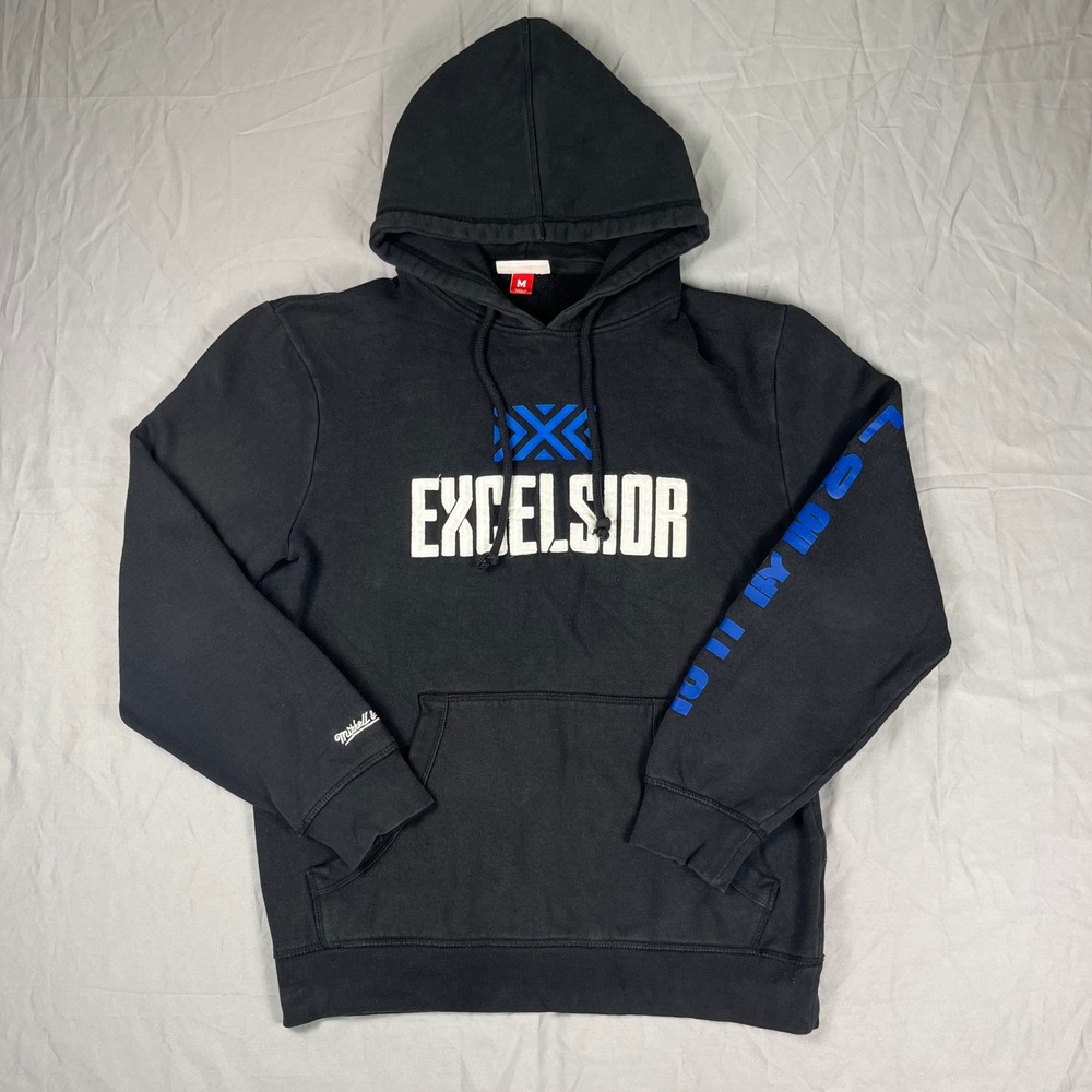 Thrashed Excelsior Mitchell & Ness Hoodie Mens M Black Blue Pullover 2020